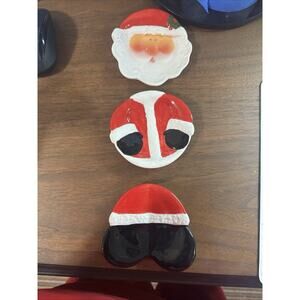 Set Of 3 Hand-Painted Ceramic Christmas-Themed Plates - Santa Face & Outfit